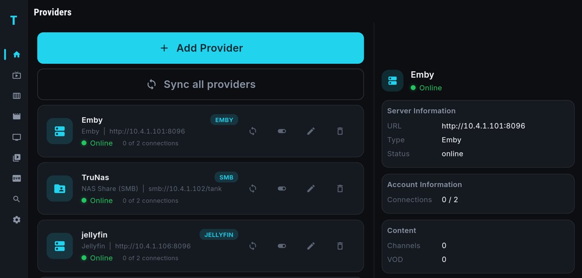 The TIVRA Providers screen showing a NAS share alongside Emby and Jellyfin servers, each marked Online