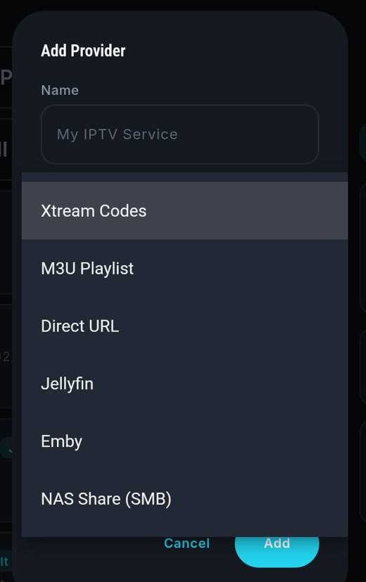 The Add Provider dialog on the TV, with the type list open showing NAS Share (SMB) alongside Jellyfin, Emby and the IPTV types