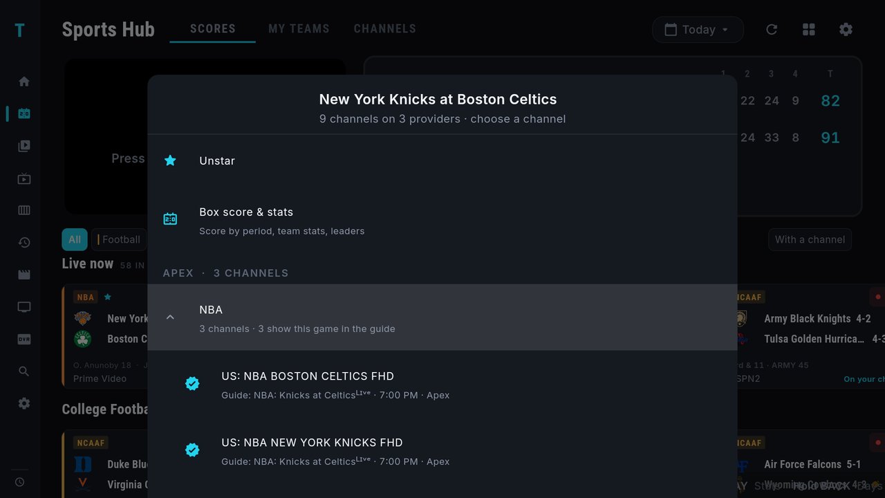 The game menu for New York Knicks at Boston Celtics: 9 channels on 3 providers, Unstar, Box score and stats, then the first provider's NBA group opened to show two channels with check marks, each with a guide line reading NBA: Knicks at Celtics, 7:00 PM