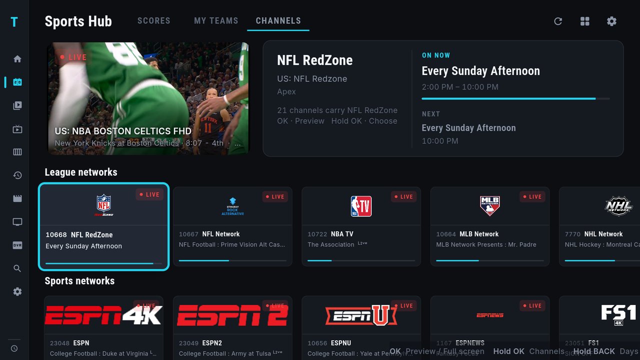 The CHANNELS tab: a game still playing in the preview, NFL RedZone selected with On now and Next in the panel and the line 21 channels carry NFL RedZone, OK Preview, Hold OK Choose, and rows of League networks and Sports networks