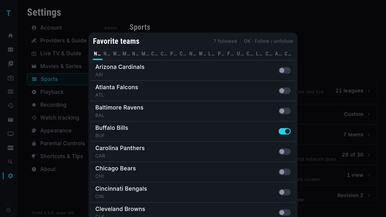 The Favorite teams list in Settings with league tabs across the top, NFL teams listed with switches, Buffalo Bills switched on, and the hint OK, Follow or unfollow, 7 followed