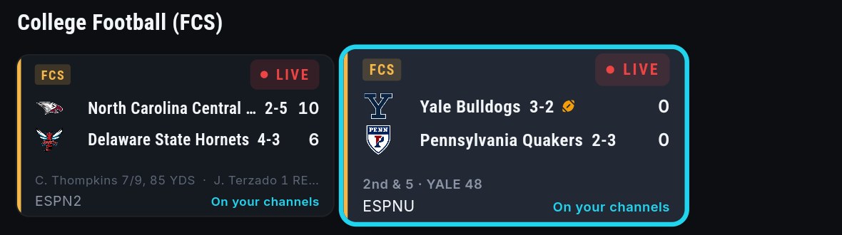 Two live college football cards in the Sports Hub. On the Yale at Penn card, a small football sits next to Yale Bulldogs and the line under the score reads 2nd and 5, YALE 48