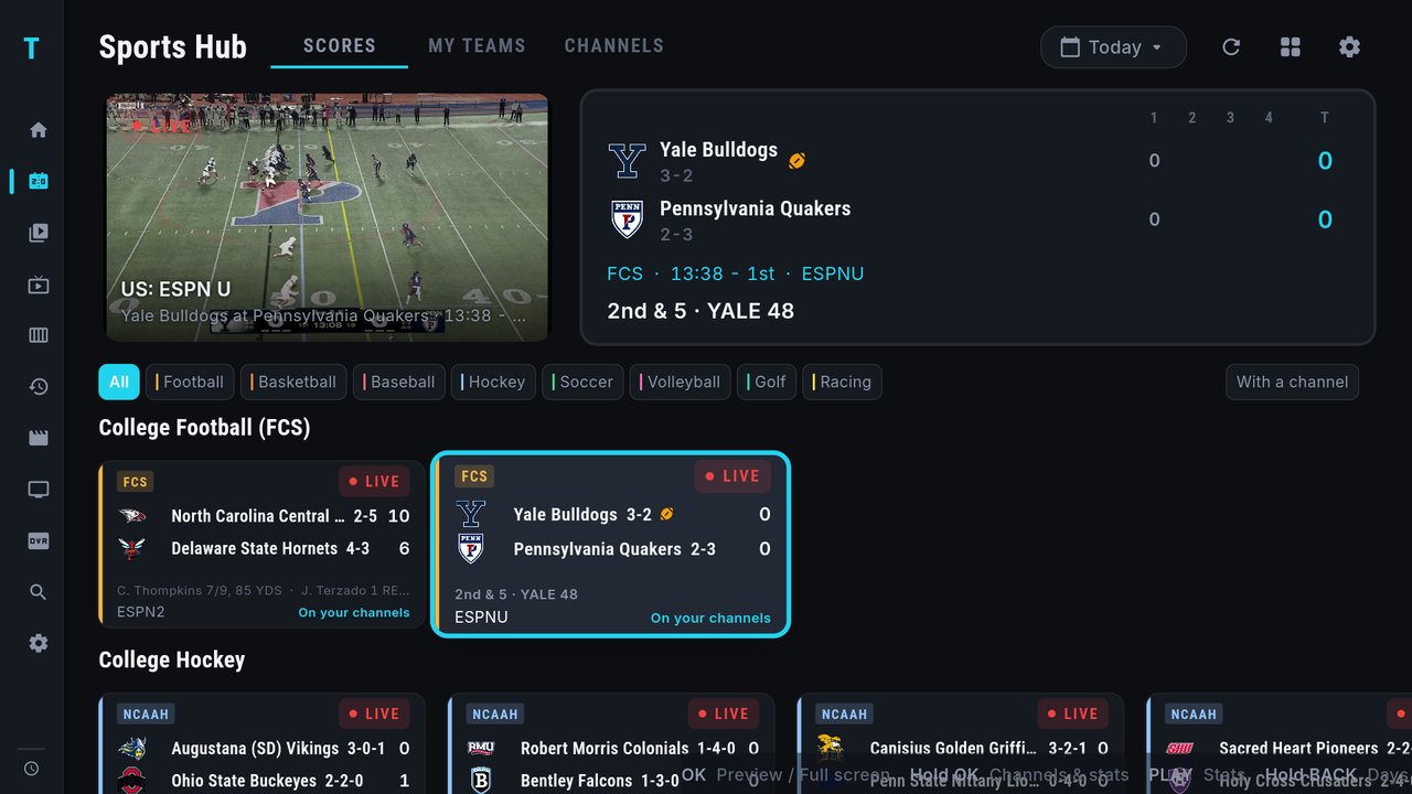 The Sports Hub on a TV: Yale at Penn previewing top left, the score panel on the right with 2nd and 5 at the Yale 48, and the Yale at Penn card selected in the College Football row