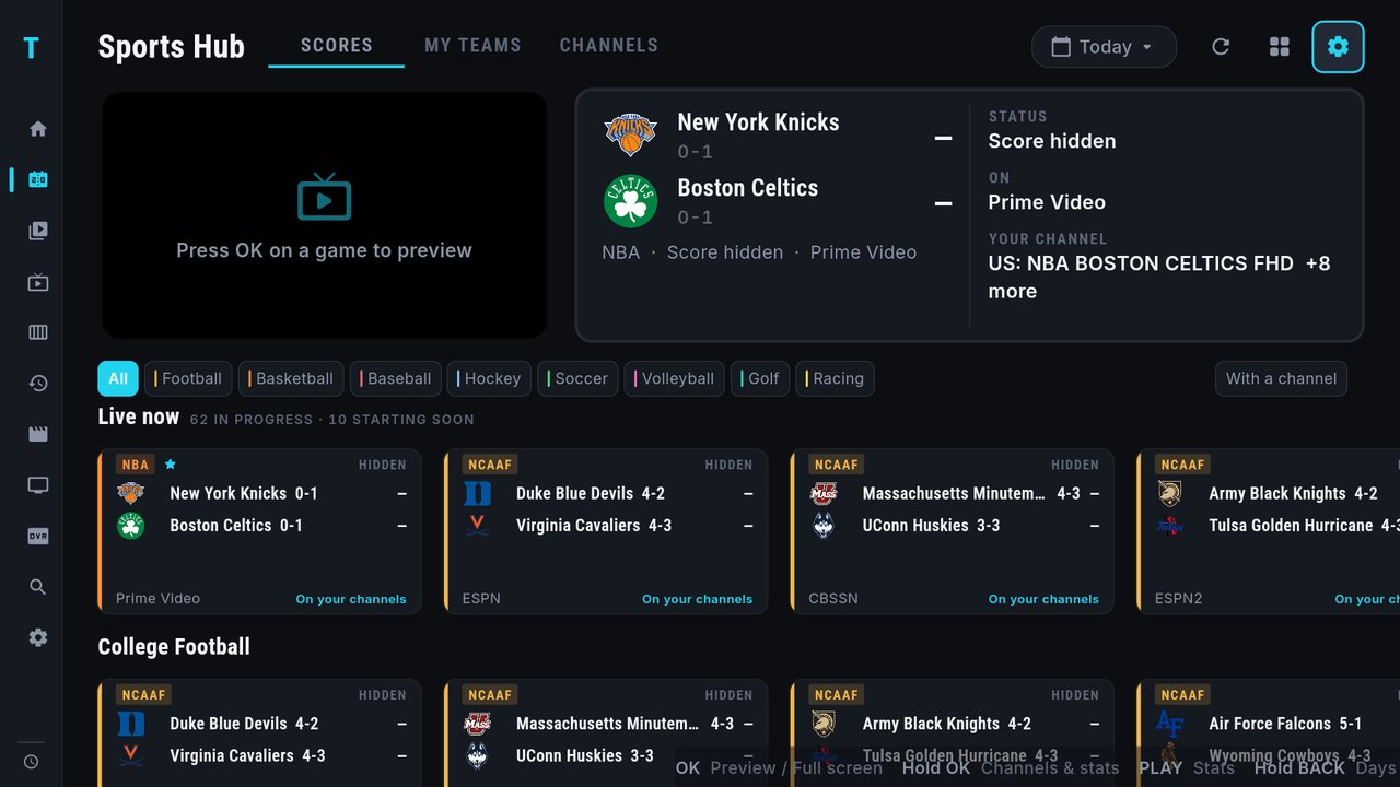 The Sports Hub with Hide scores on: every card reads HIDDEN with dashes for scores, and the info panel reads Status: Score hidden, On: Prime Video, Your channel: US NBA Boston Celtics FHD plus 8 more