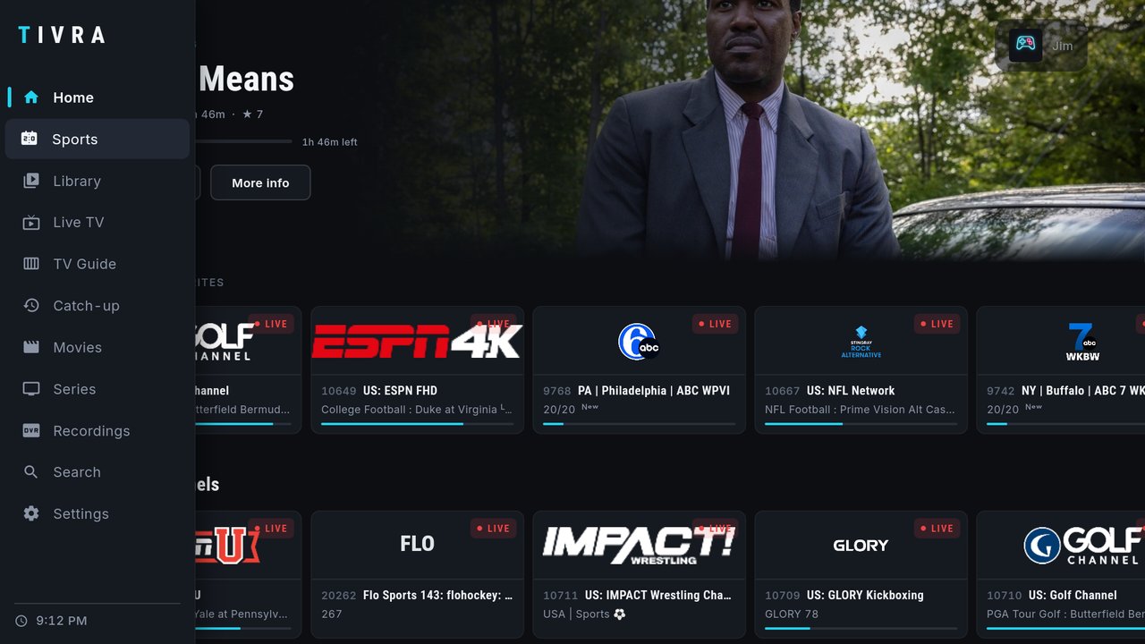 The TIVRA menu open on the left of the Home page, with Sports selected second from the top, under Home