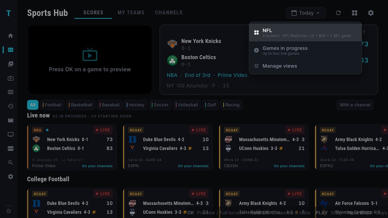 The Multi-View menu open under the four-squares button: a saved view named NFL with 4 screens, NFL RedZone plus LV plus BUF plus 1 NFL game, then Games in progress, Up to four live games, then Manage views