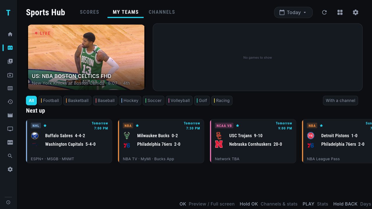 The MY TEAMS tab with a Next up row: Sabres at Capitals tomorrow at 7:00 PM, Bucks at 76ers tomorrow at 7:30 PM, USC at Nebraska volleyball tomorrow at 9:00 PM, and Pistons at 76ers on Sunday, each with a star