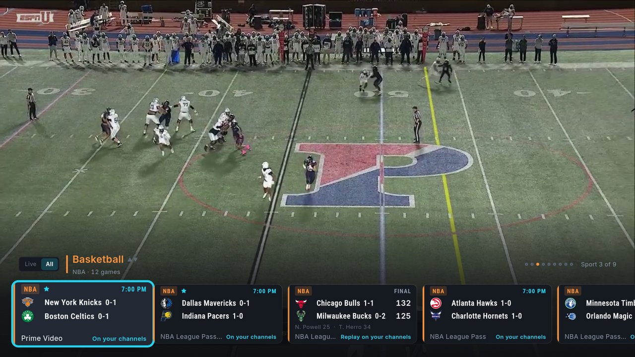 The scores overlay flipped to Basketball, Sport 3 of 9: two starred NBA games at 7:00 PM first, then Chicago Bulls 132, Milwaukee Bucks 125 marked FINAL with Replay on your channels, then more NBA games at 7:00 PM