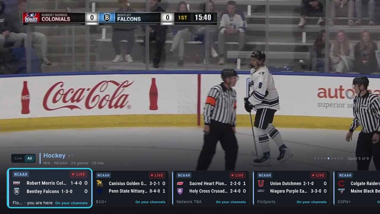 A live college hockey game full screen, with the scores overlay along the bottom: the Hockey header reading NHL, NCAAH, 24 games, 16 live, Sport 5 of 9, and a row of live hockey cards; the first card reads you are here
