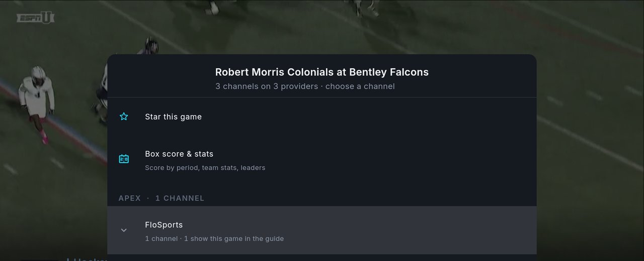 Hold OK on a card in the scores overlay: a menu titled Robert Morris Colonials at Bentley Falcons, 3 channels on 3 providers, with Star this game, Box score and stats, and the FloSports channel listed under a provider