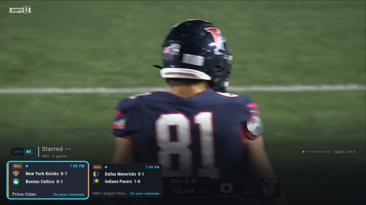 A college football game full screen with the scores overlay on the Starred page, Sport 1 of 9, NBA, 2 games: the starred Knicks at Celtics and Mavericks at Pacers cards