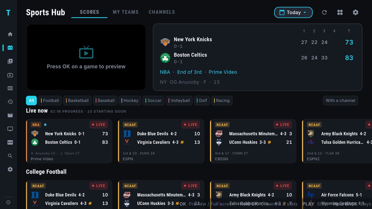 The Sports Hub on the SCORES tab: the tabs SCORES, MY TEAMS and CHANNELS, the Today day picker, refresh, Multi-View and settings buttons, an empty preview reading Press OK on a game to preview, the info panel with Knicks 73, Celtics 83 by quarter, the sport chips, and the Live now row reading 62 in progress, 10 starting soon