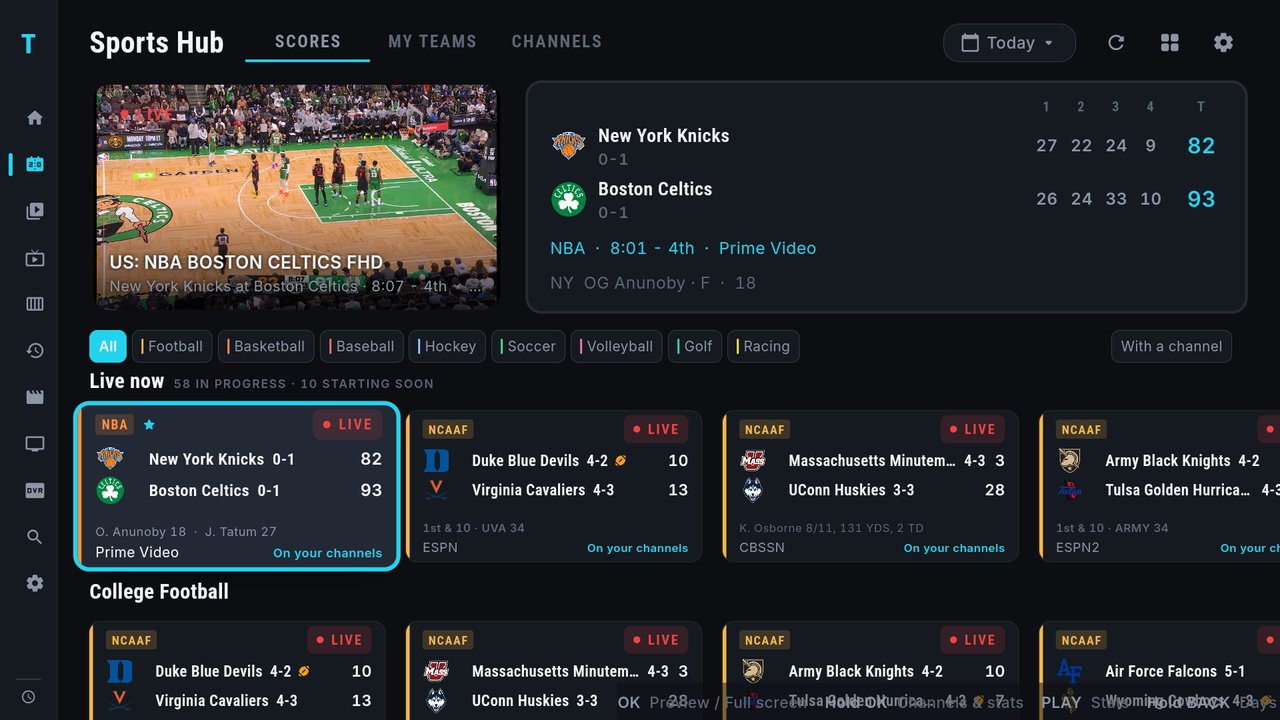 The Sports Hub with Knicks at Celtics playing in the preview at the top left after a channel was picked from the game menu