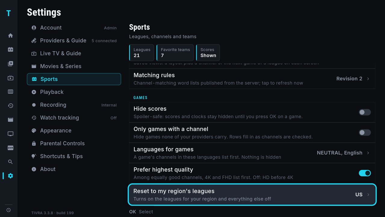 Settings, Sports section, lower half: Matching rules, then the Games group with Hide scores, Only games with a channel, Languages for games, Prefer highest quality and Reset to my region's leagues