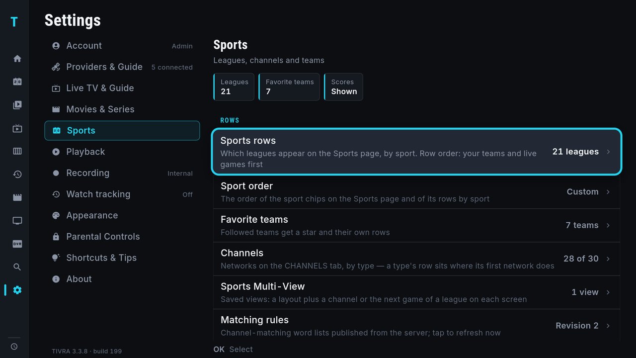Settings, Sports section: summary tiles for 21 leagues, 7 favorite teams and scores shown, then Sports rows, Sport order, Favorite teams, Channels, Sports Multi-View and Matching rules