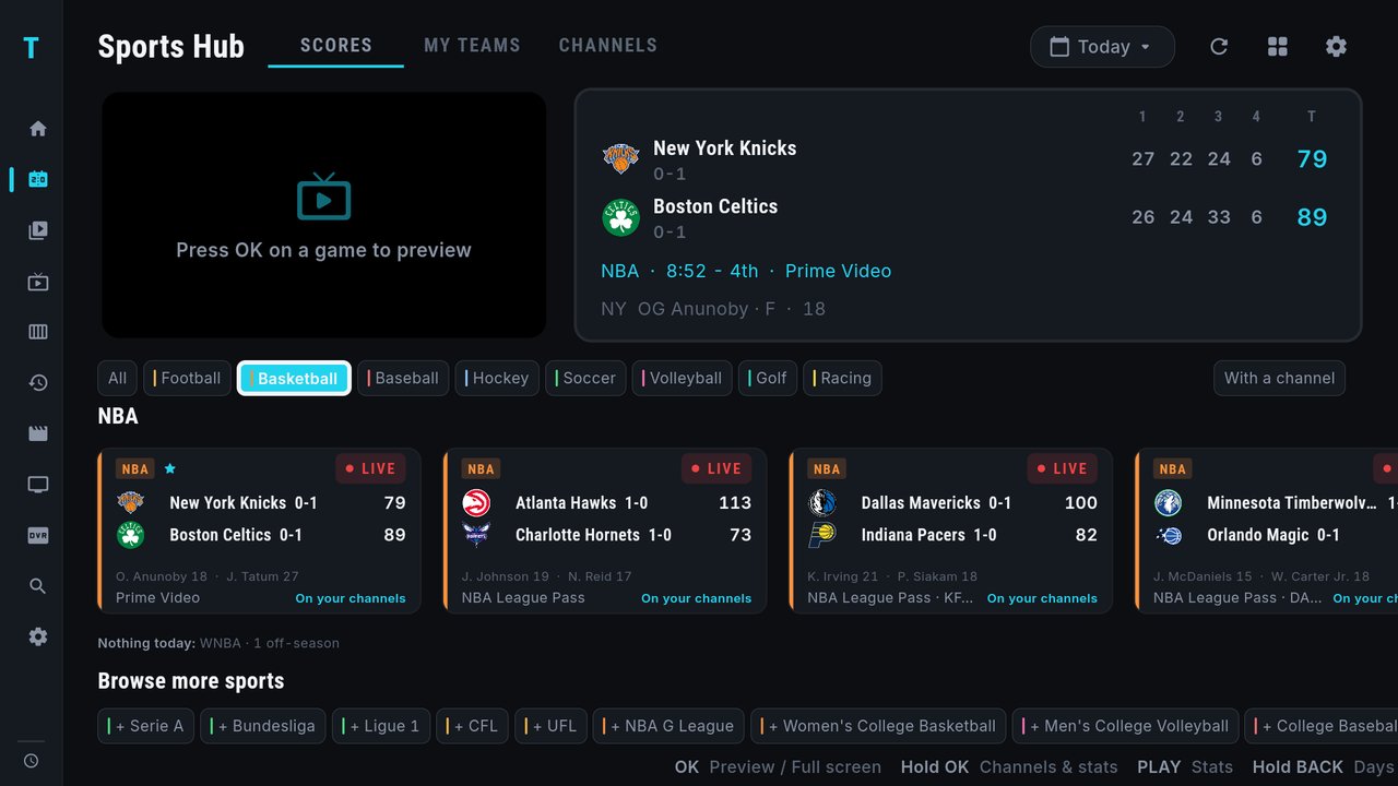 The Sports Hub filtered to Basketball: the Basketball chip selected, one NBA row of four live games, a Nothing today line reading WNBA, 1 off-season, and the Browse more sports strip with Serie A, Bundesliga, Ligue 1, CFL, UFL, NBA G League and more