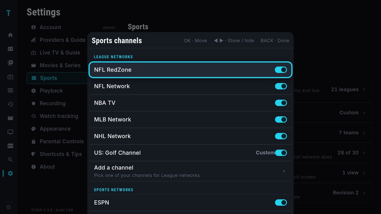 The Sports channels list in Settings: League networks with switches for NFL RedZone, NFL Network, NBA TV, MLB Network, NHL Network and a custom Golf Channel, then Add a channel, then Sports networks starting with ESPN; the hints read OK Move, left and right Show or hide, BACK Done