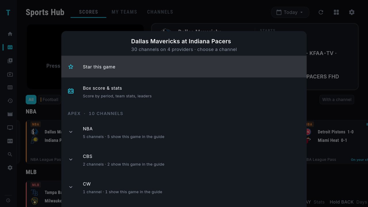 The game menu for Dallas Mavericks at Indiana Pacers over the Sports Hub, with Star this game selected at the top, then Box score and stats, then the channels on the first provider