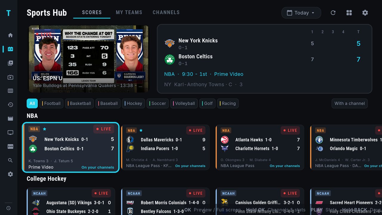 The Sports Hub NBA row with New York Knicks at Boston Celtics and Dallas Mavericks at Indiana Pacers first, both live and both with a star next to the NBA tag