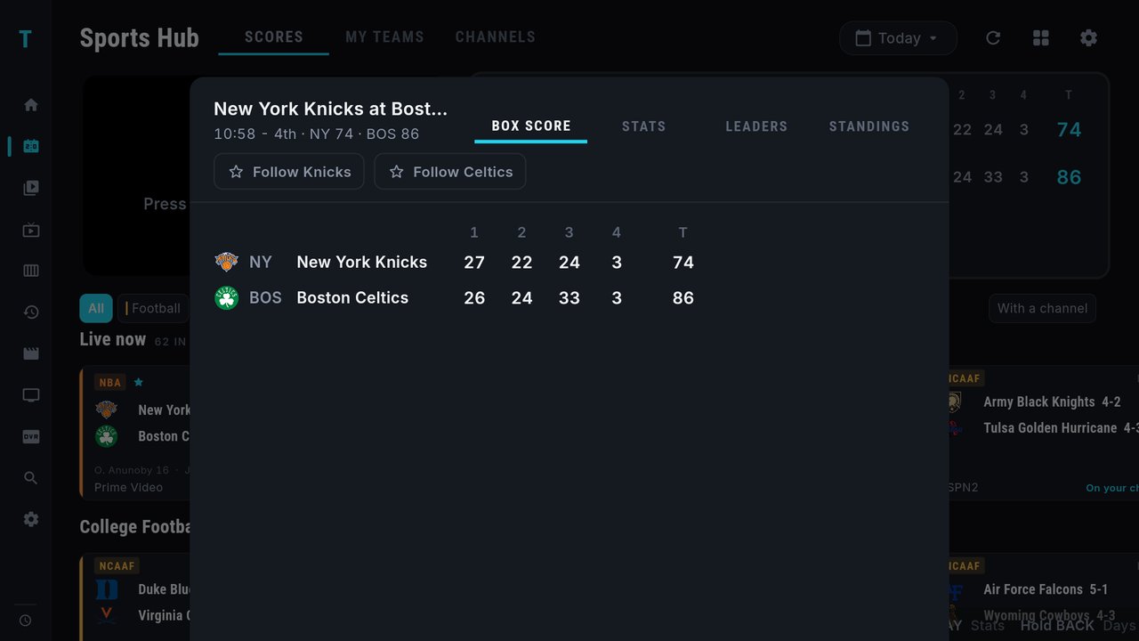 The stats sheet for New York Knicks at Boston Celtics: BOX SCORE, STATS, LEADERS and STANDINGS tabs, Follow Knicks and Follow Celtics buttons, and the score by quarter, 74 to 86 in the 4th