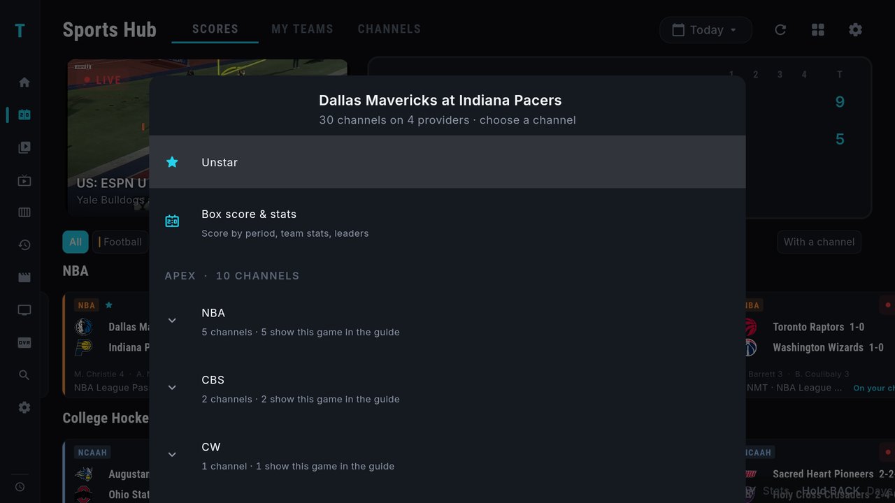 The game menu for a starred game, Dallas Mavericks at Indiana Pacers, with Unstar selected at the top
