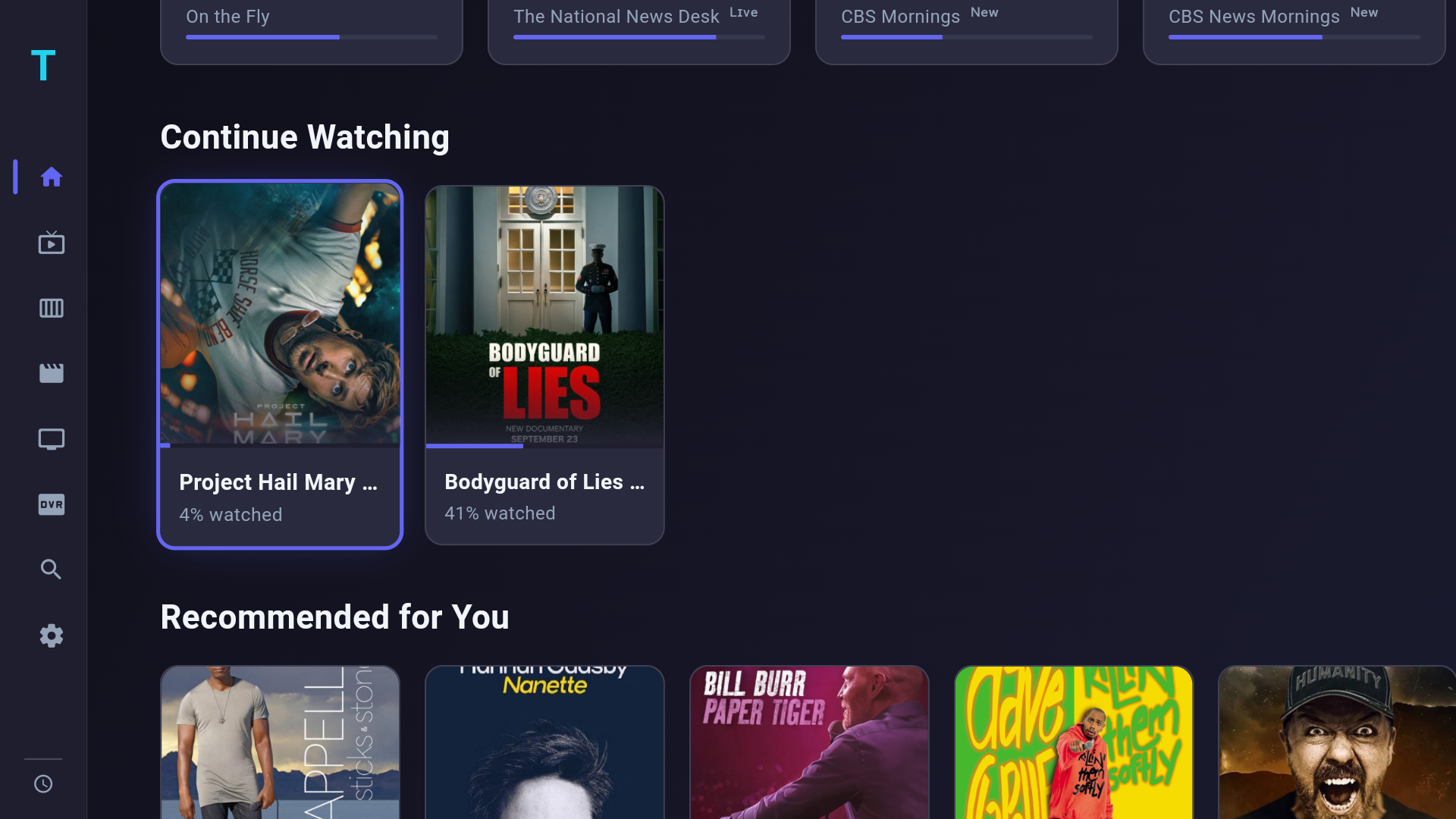 TIVRA home page with Continue Watching and Trakt-powered Recommended For You rows