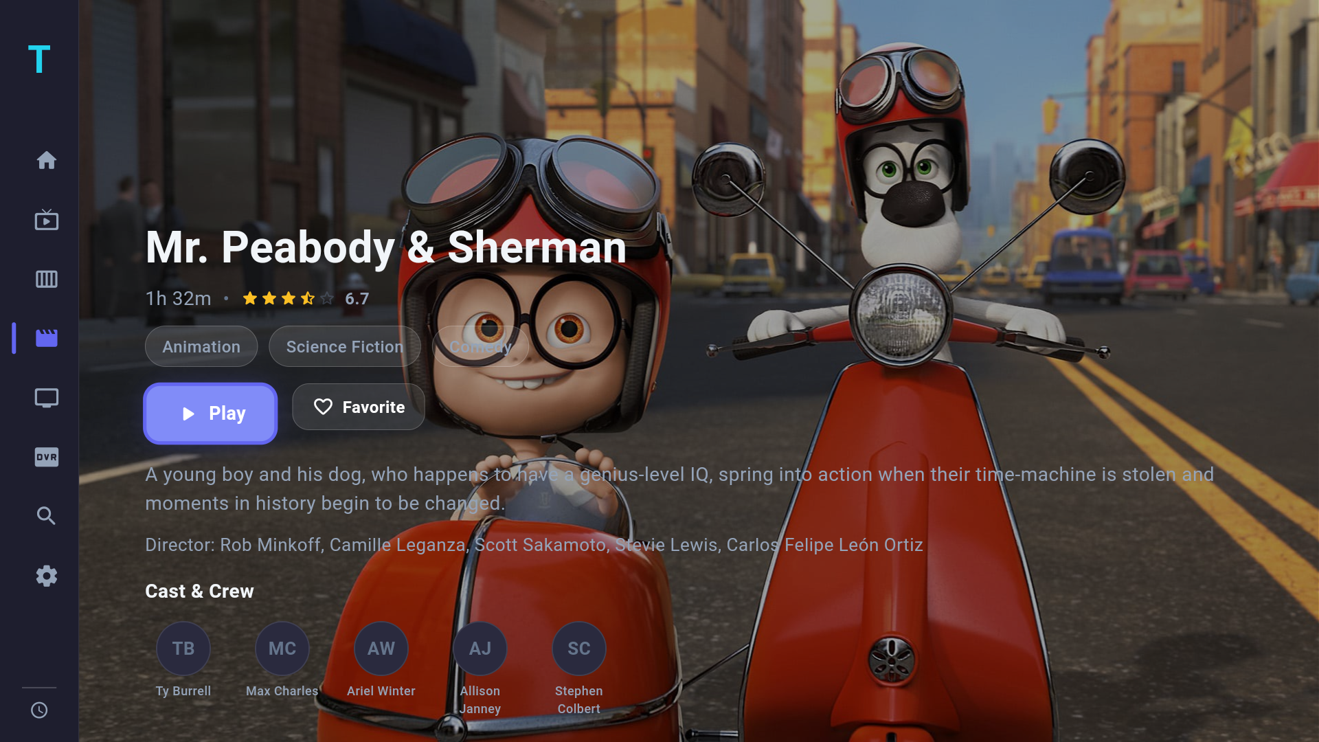 Cinematic movie detail page with full-bleed backdrop and clearLogo title overlay