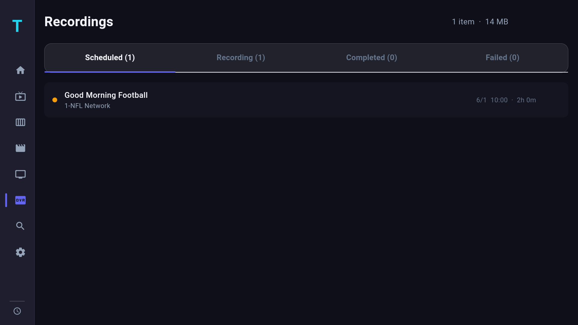 Recordings library with Scheduled, Recording, and Recorded tabs