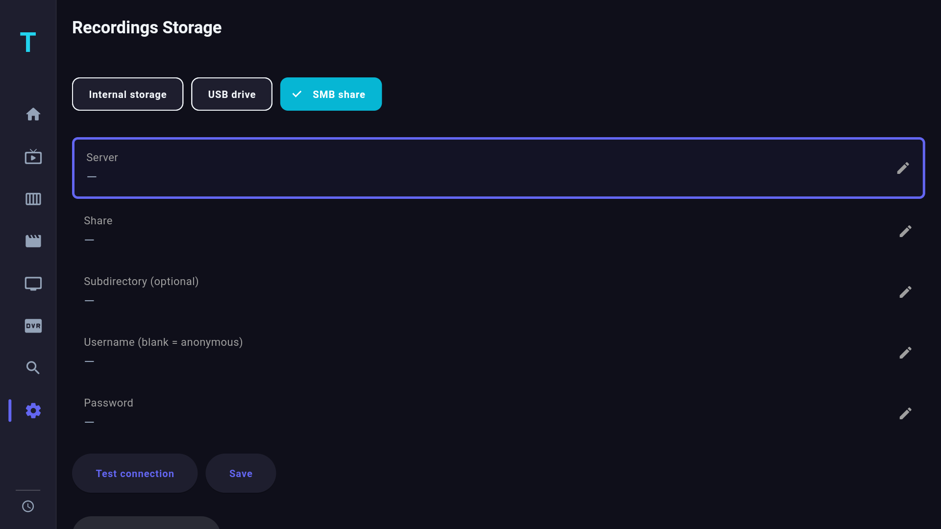 Record to a NAS over SMB — network share configuration with Connected status