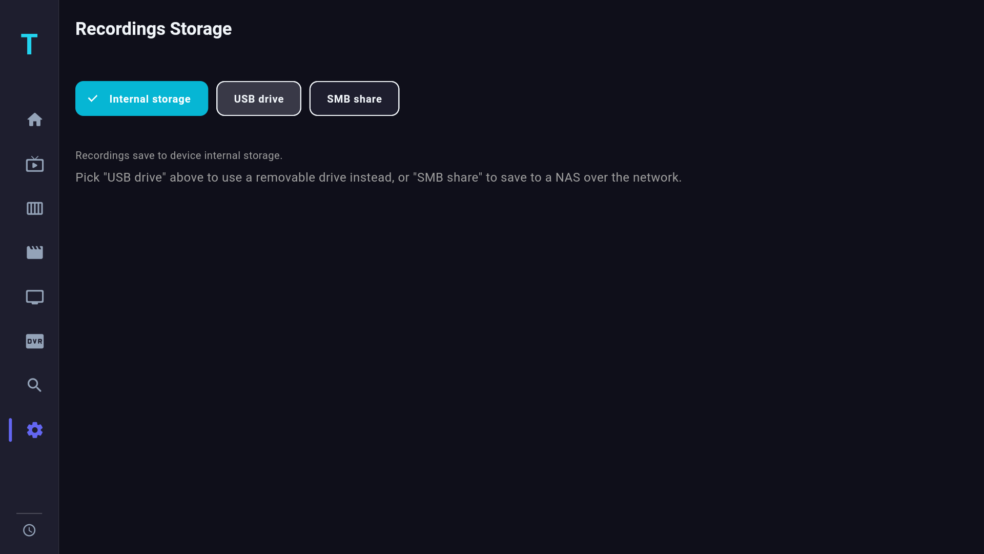 Record to a USB drive — Settings → Storage with the USB chip selected