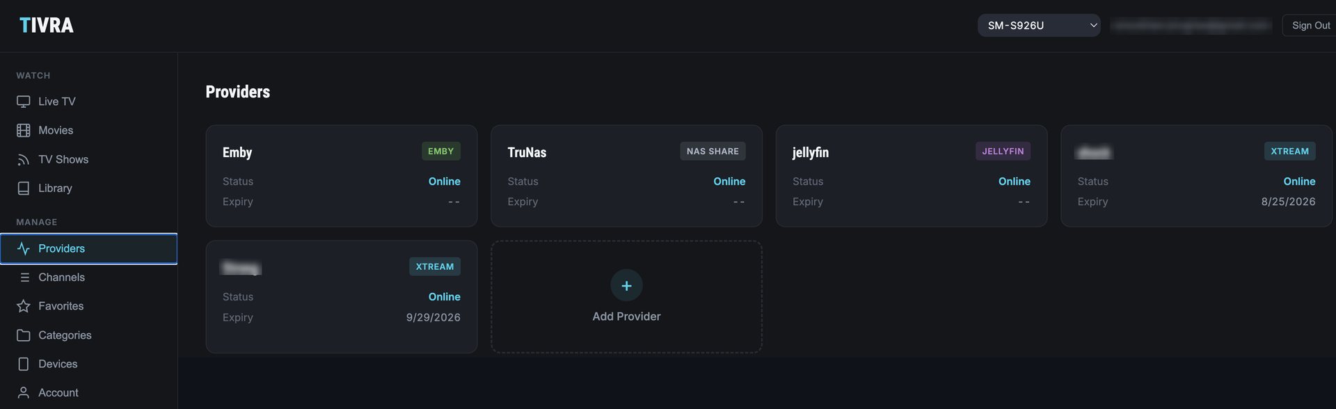 TIVRA web dashboard in a browser showing the Providers page where an M3U or Xtream Codes provider is added from a phone or computer instead of the TV