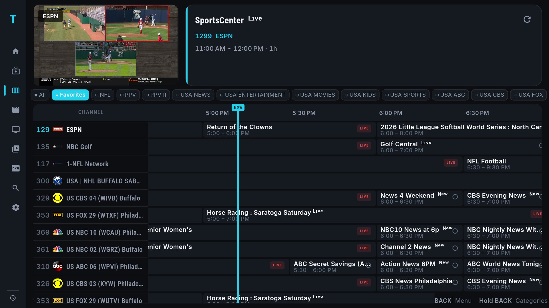 TV guide grid with live preview, now line, and program details across favorite channels