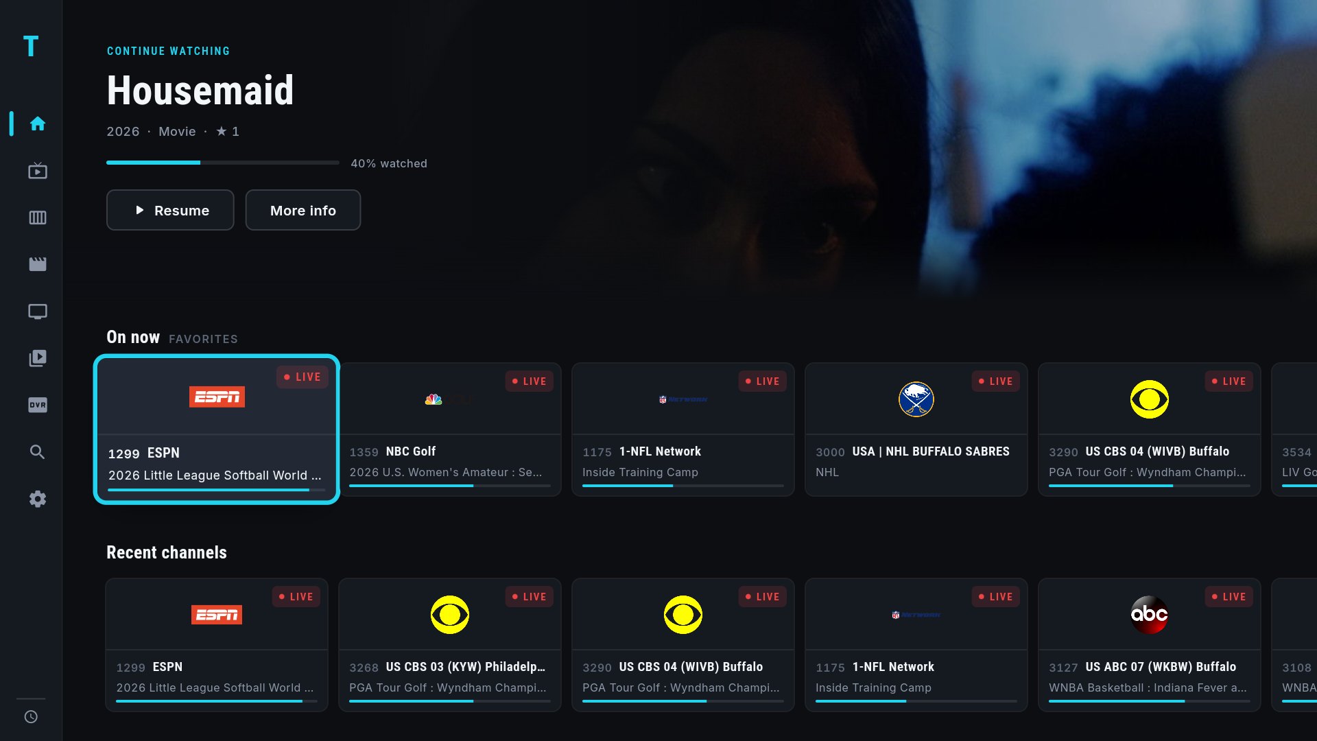 TIVRA home screen on a TV — Continue Watching hero with live favorite channels and recent channels below