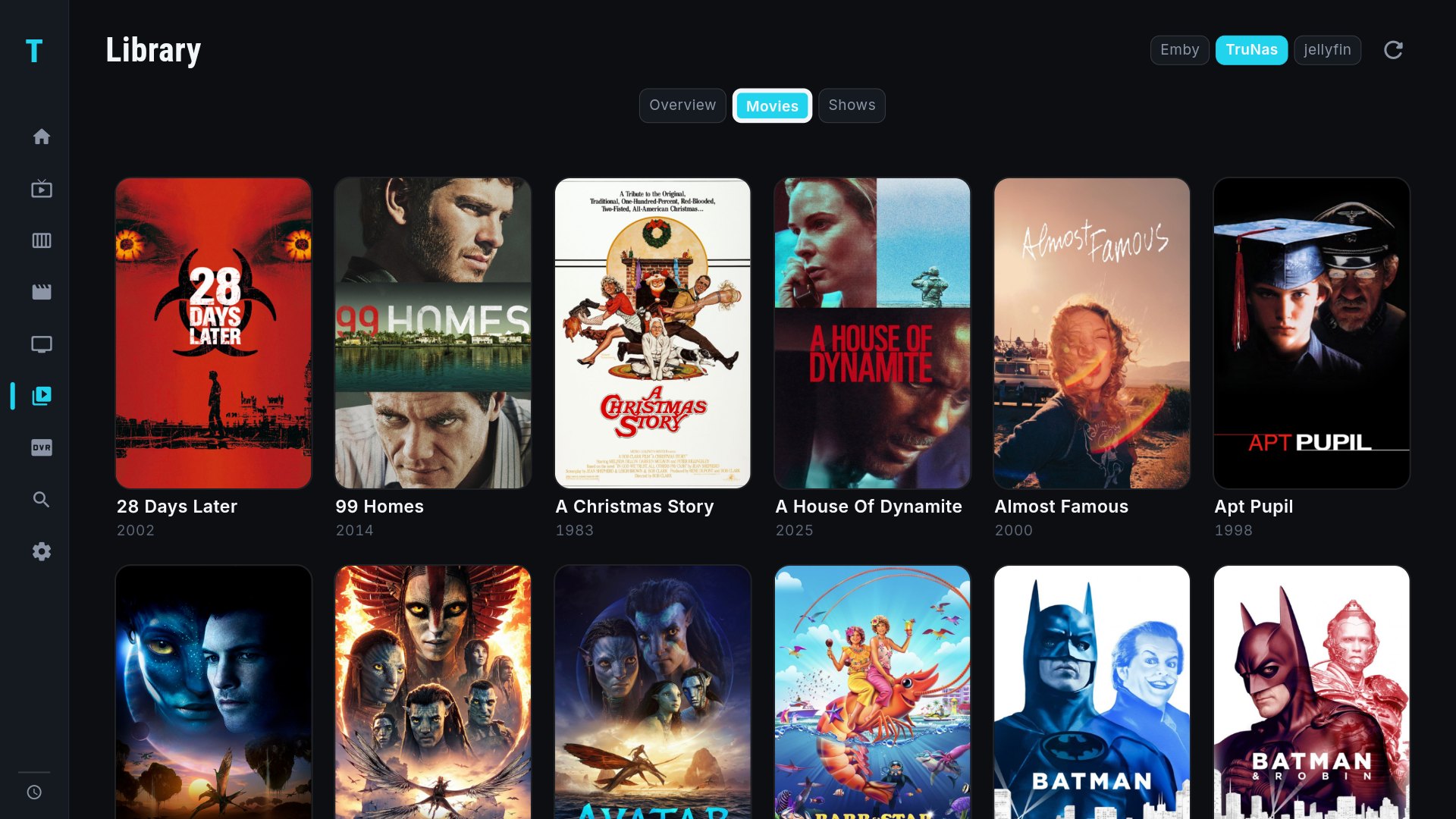 TIVRA Library — movies from a NAS source with full poster artwork, alongside Emby and Jellyfin source tabs