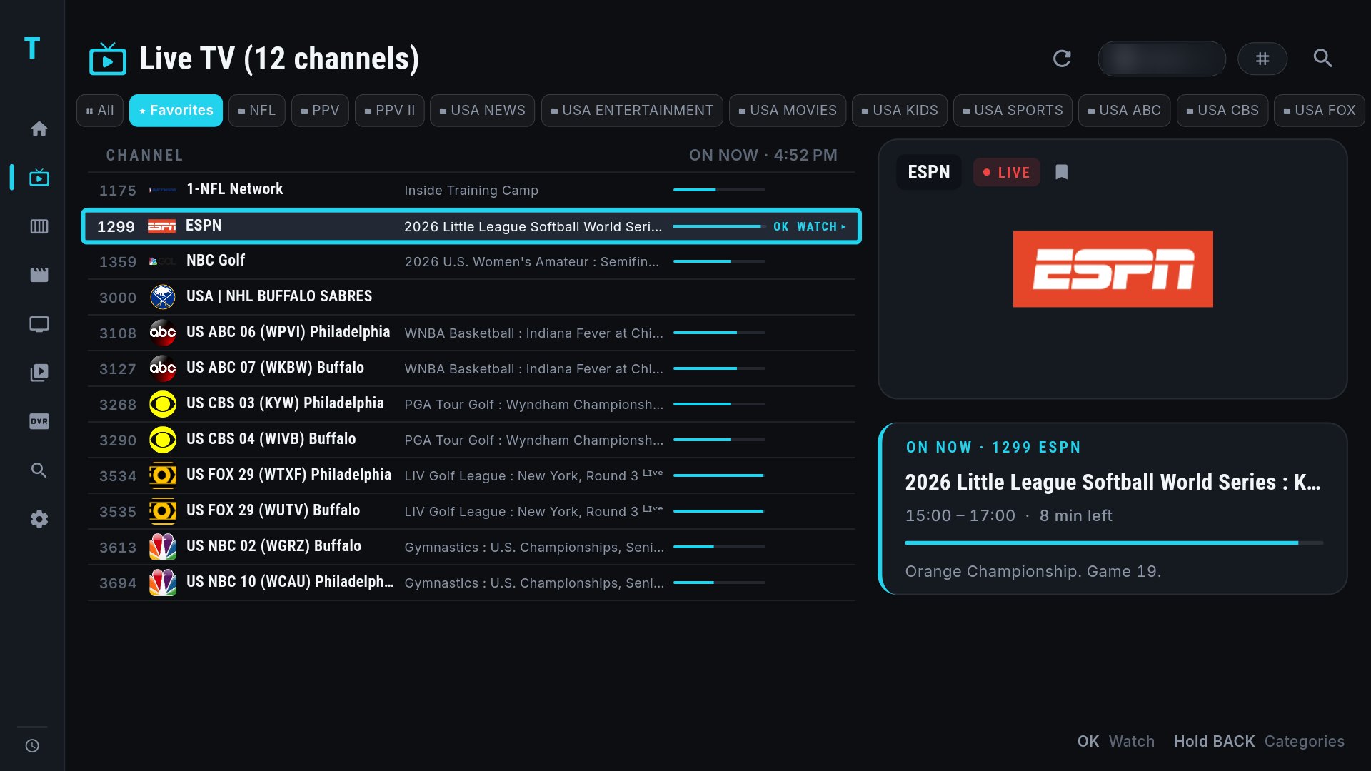 Live TV channel ledger with a channel focused and a live preview pane on the right