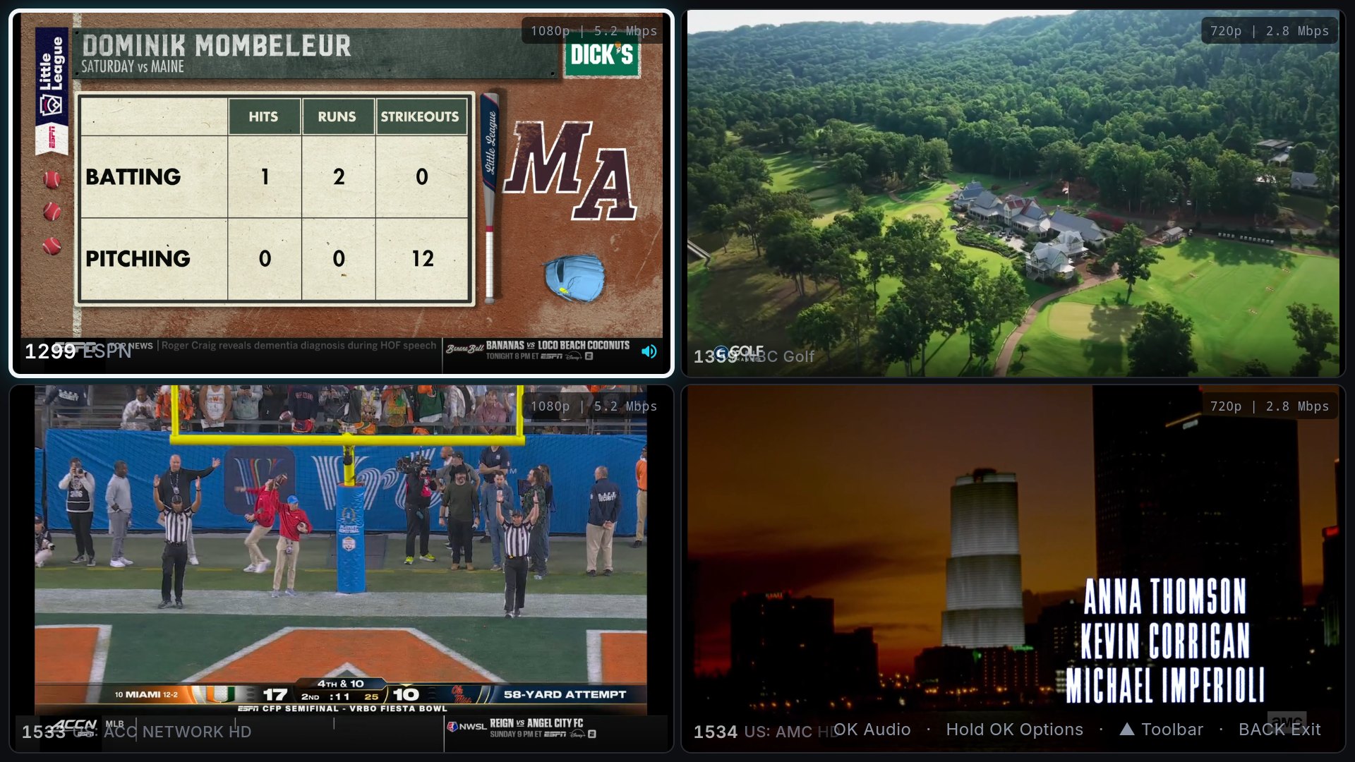 TIVRA Multi-View — four live channels playing at once in a 2x2 grid: baseball, golf, college football, and a movie