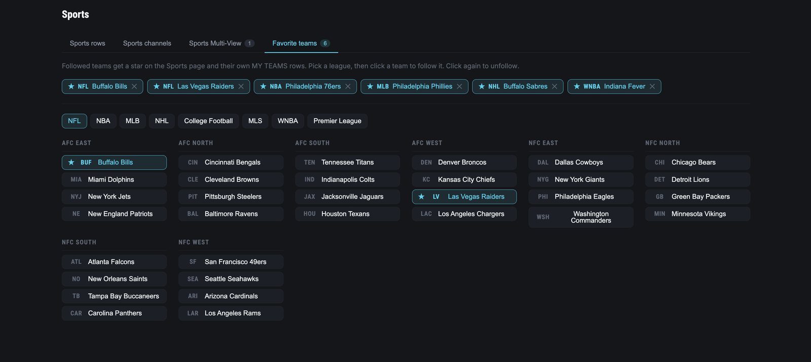 The web dashboard's Sports tab on Favorite teams: a strip of six followed teams across leagues, league chips, and NFL teams listed by division with the Bills and Raiders starred