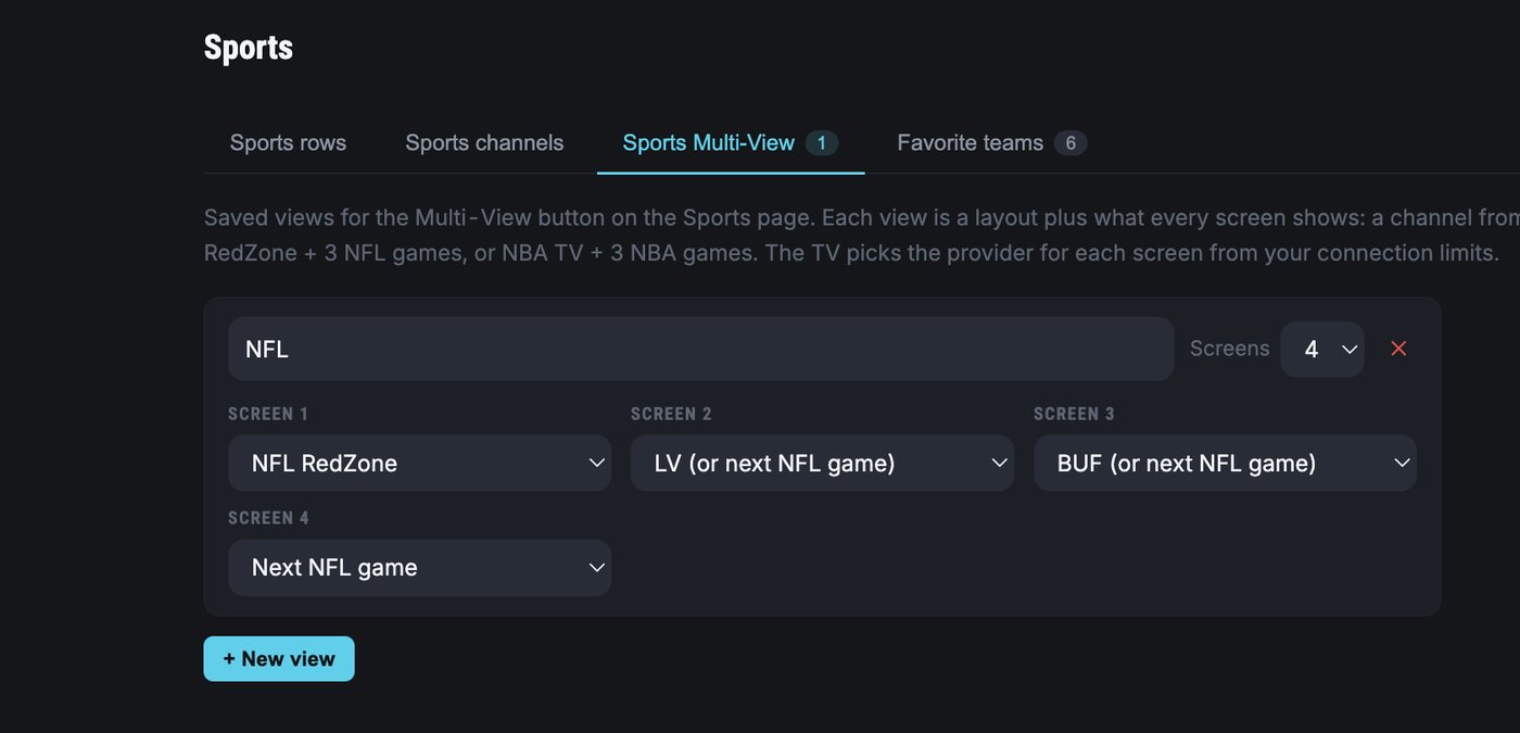 The web dashboard's Sports tab on Sports Multi-View: one view card named NFL with 4 screens, dropdowns for NFL RedZone, two followed teams with the next-game fallback, and Next NFL game, plus a New view button