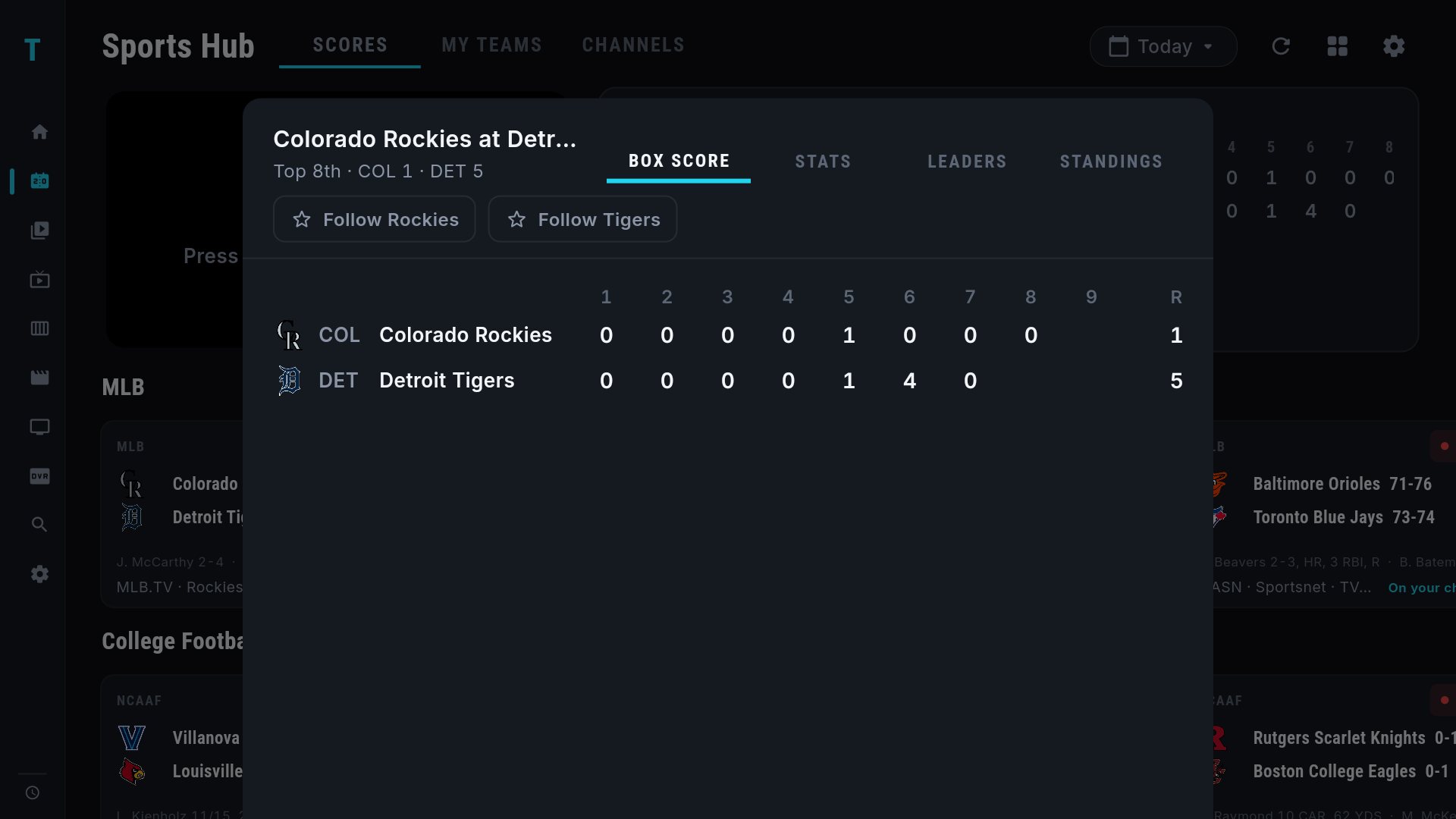 The stats sheet for Colorado Rockies at Detroit Tigers over the Sports Hub: Box Score, Stats, Leaders and Standings tabs, Follow Rockies and Follow Tigers buttons, and the inning-by-inning line score