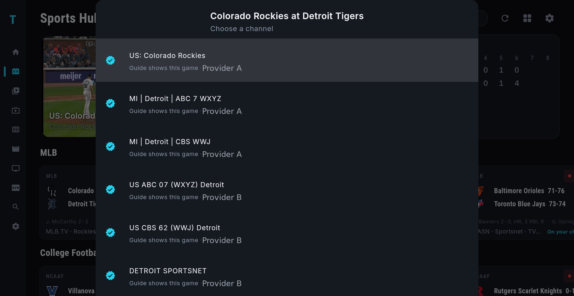 The Choose a channel list for Colorado Rockies at Detroit Tigers: six channels across two providers, each marked Guide shows this game with the provider named