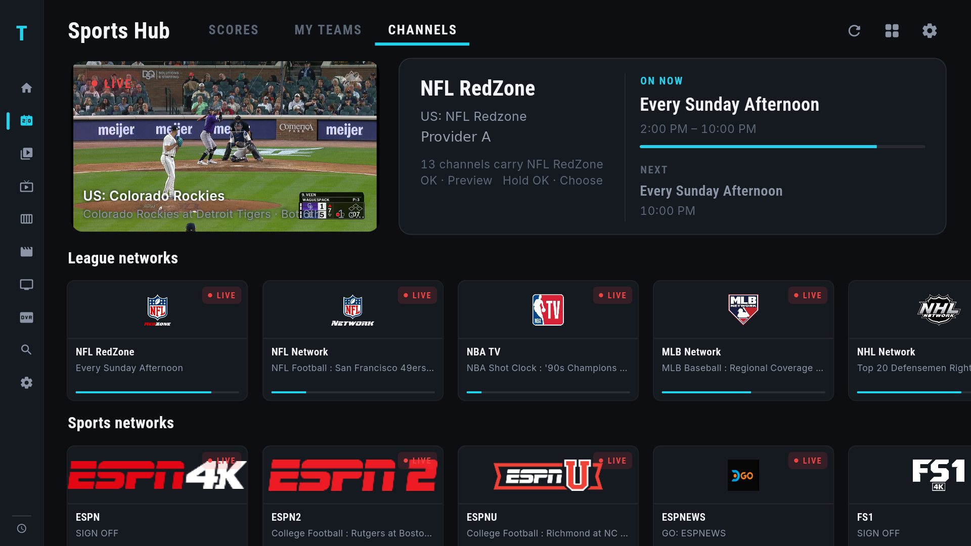 The CHANNELS tab: a live game still previewing top left, NFL RedZone selected in the info panel with what is on now and next, and rows of League networks and Sports networks cards with their logos and current programs