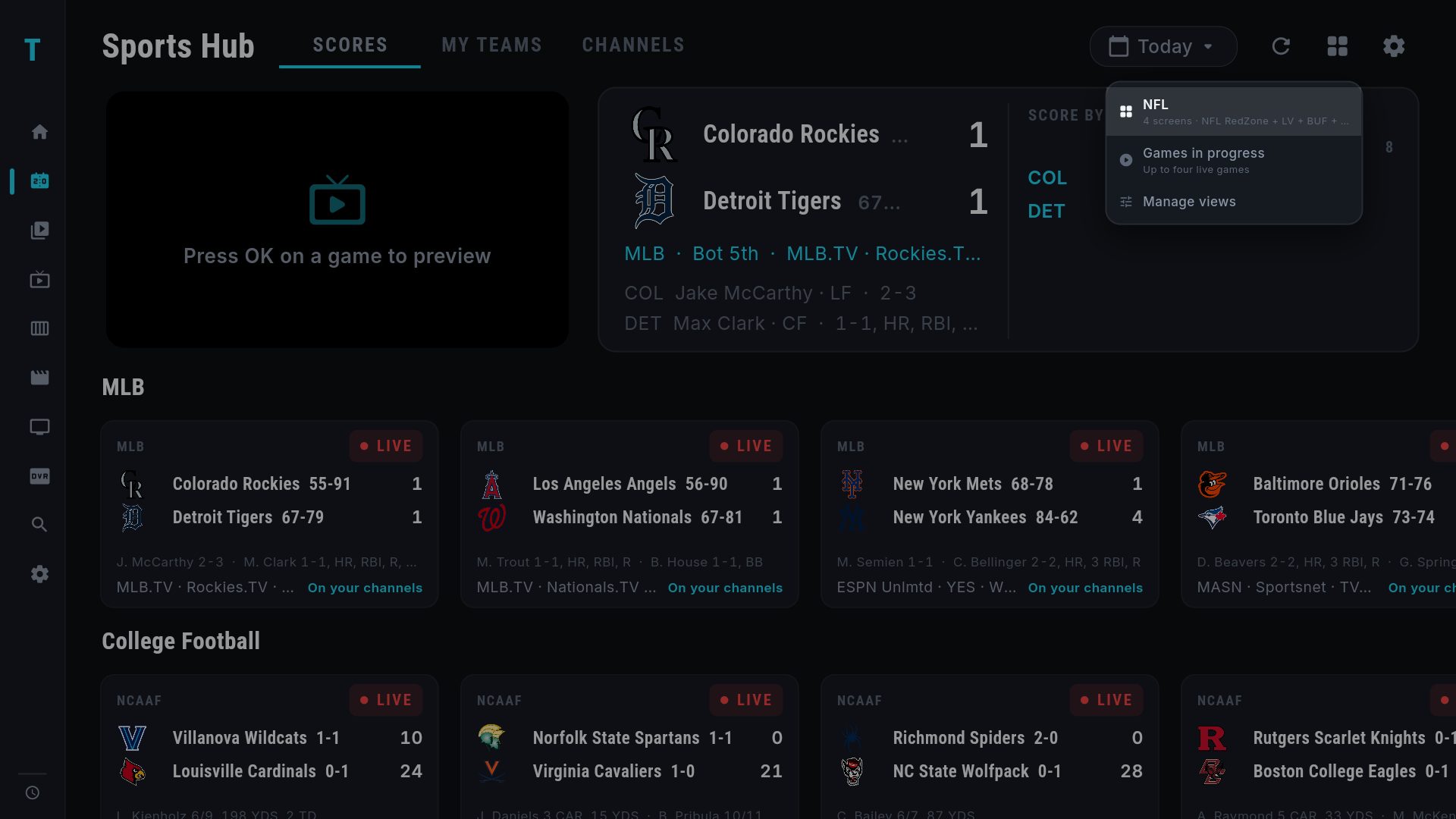 The Sports Multi-View dropdown on the Sports Hub: a saved view named NFL with the summary 4 screens, NFL RedZone + Raiders + Bills, then Games in progress, then Manage views