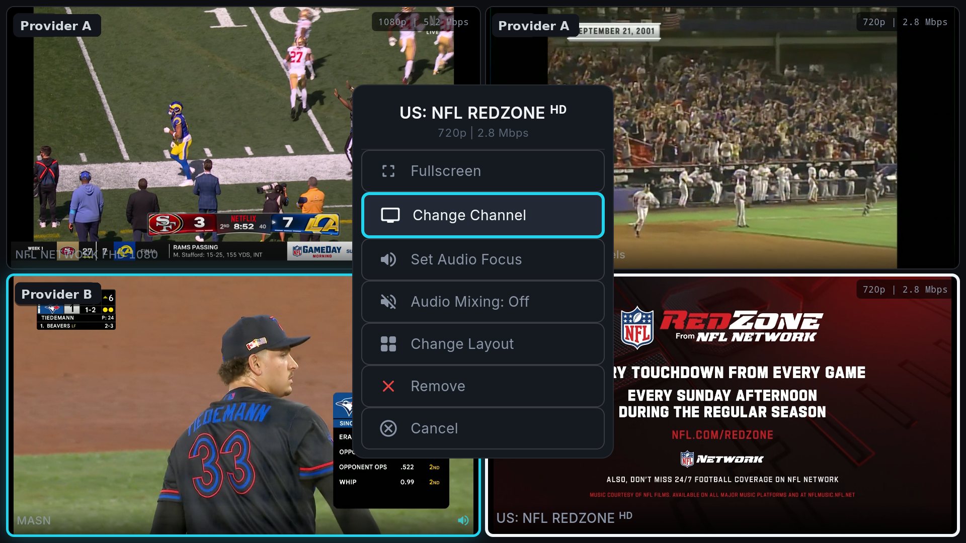 Hold OK on a Multi-View screen: a menu over the grid with Fullscreen, Change Channel, Set Audio Focus, Audio Mixing, Change Layout, Remove and Cancel
