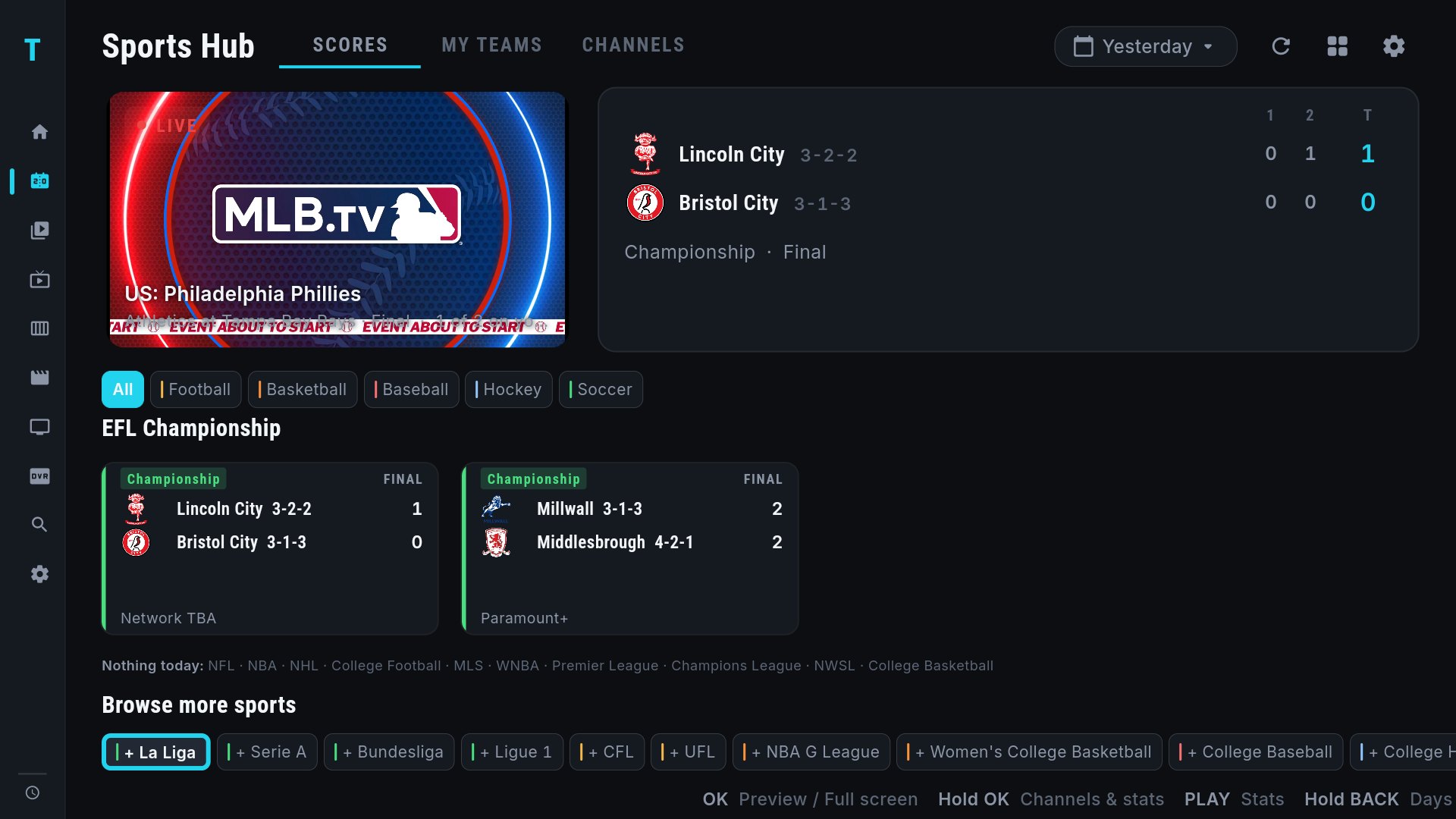The bottom of the Sports Hub: the Nothing today line listing NFL, NBA, NHL and other quiet leagues, then the Browse more sports strip with La Liga focused and Serie A, Bundesliga, Ligue 1, CFL, UFL and NBA G League beside it