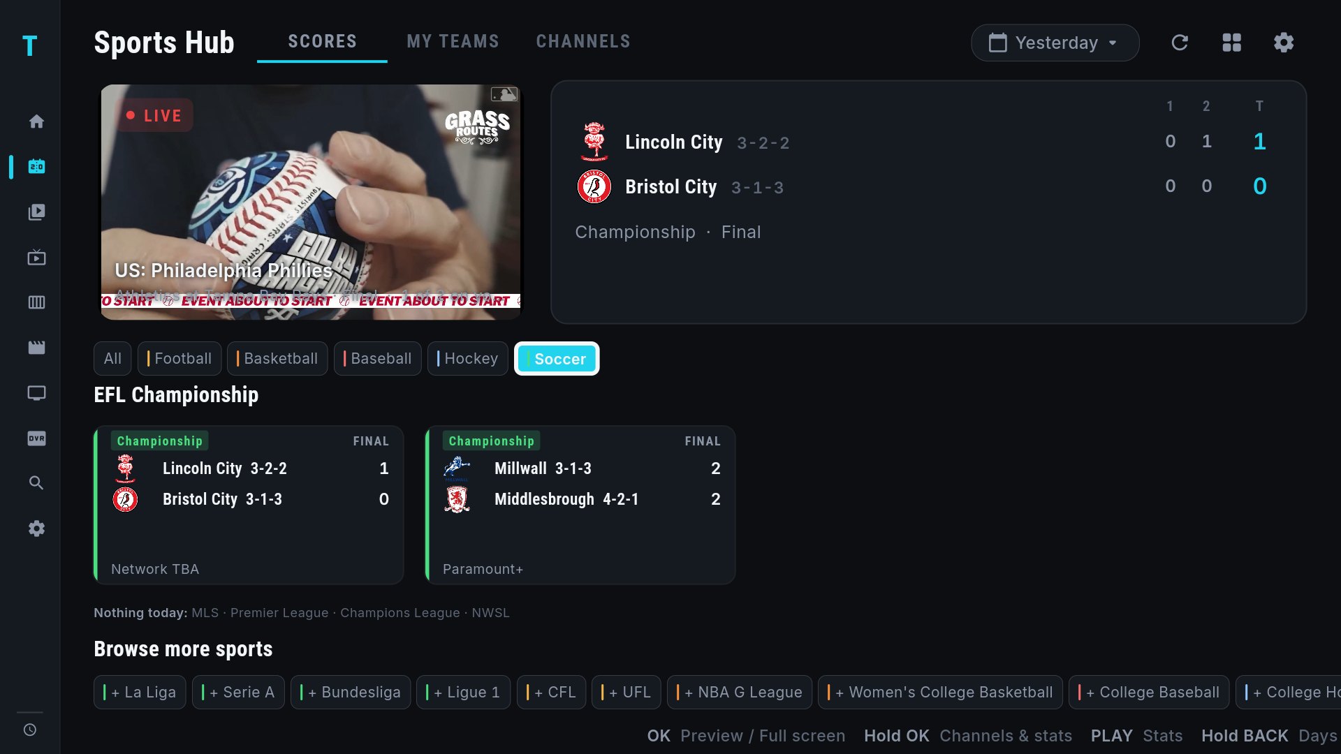 The Sports Hub filtered to Soccer: the Soccer chip selected, one EFL Championship row, a Nothing today line naming the quiet leagues, and the Browse more sports strip beneath