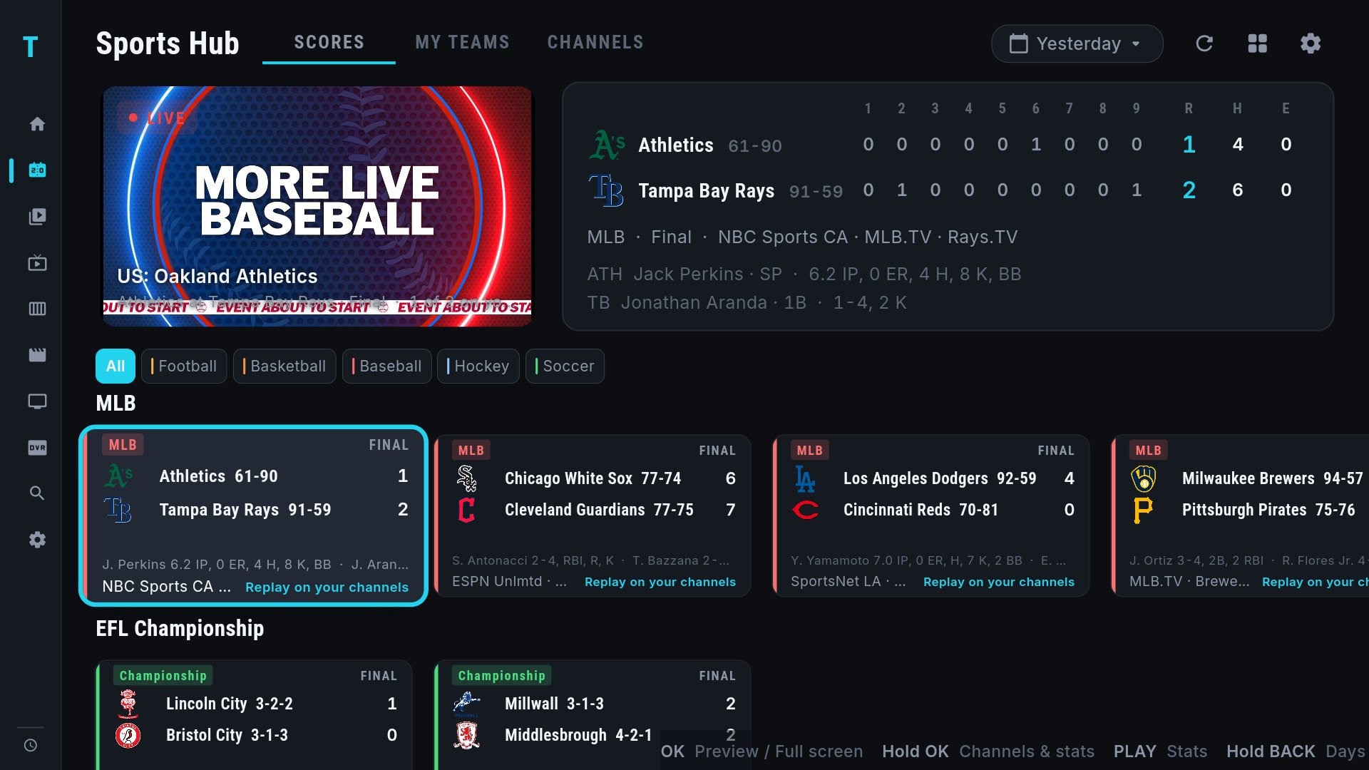 TIVRA Sports Hub — live preview beside a one-table box score, sport filters, and rows of MLB and Championship games matched to the user's channels