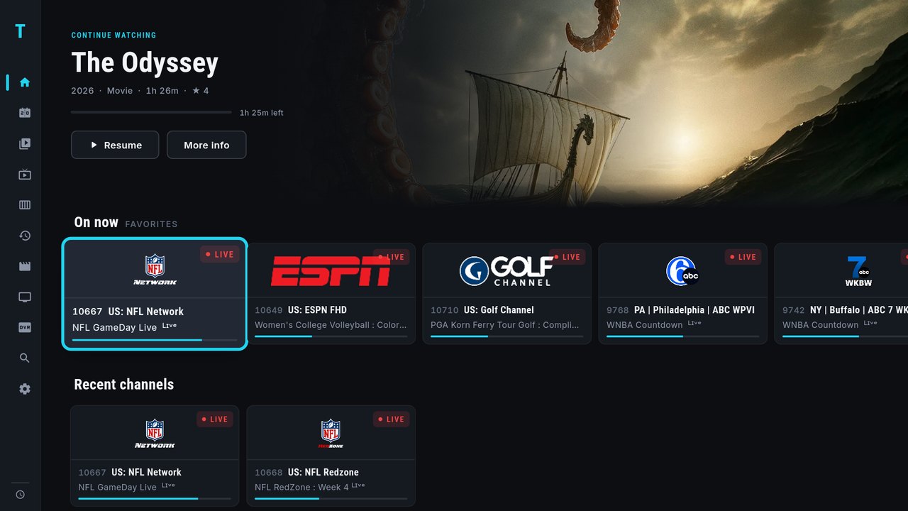 TIVRA home screen on a TV — Continue Watching hero with live favorite channels and recent channels below