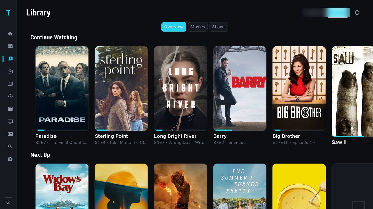 TIVRA Library — Jellyfin continue-watching and next-up rows with full poster artwork, alongside NAS and Jellyfin source tabs