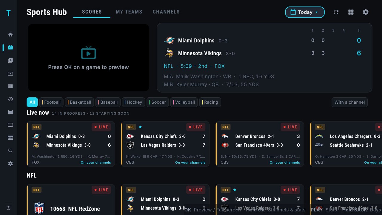 TIVRA Sports Hub — live preview beside a one-table box score, sport filters, and rows of NFL, WNBA, MLB and NWSL games matched to the user's channels